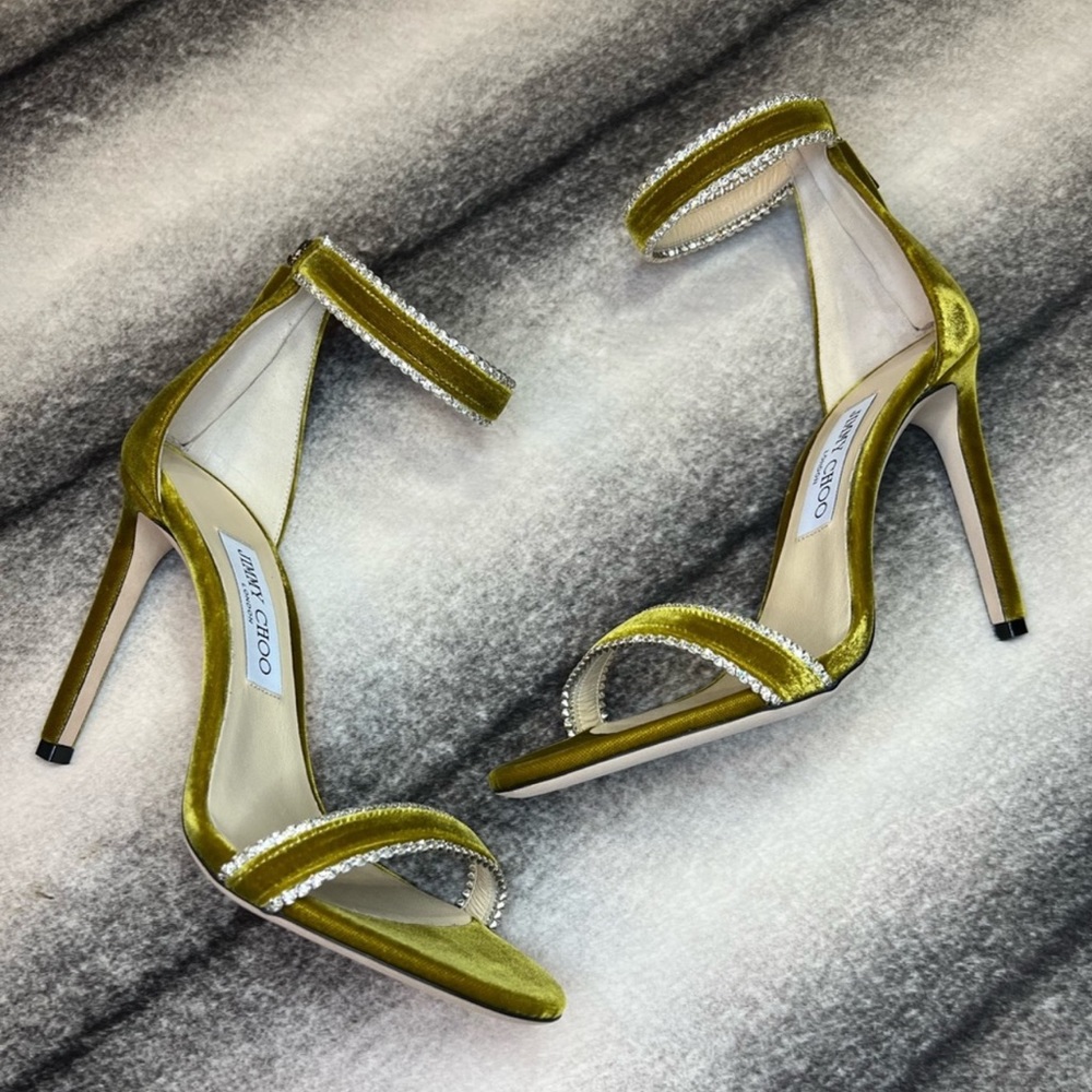 Jimmy Choo Dochas 100 mm Citrus Velvet Jewel Trim Heels Sandals
